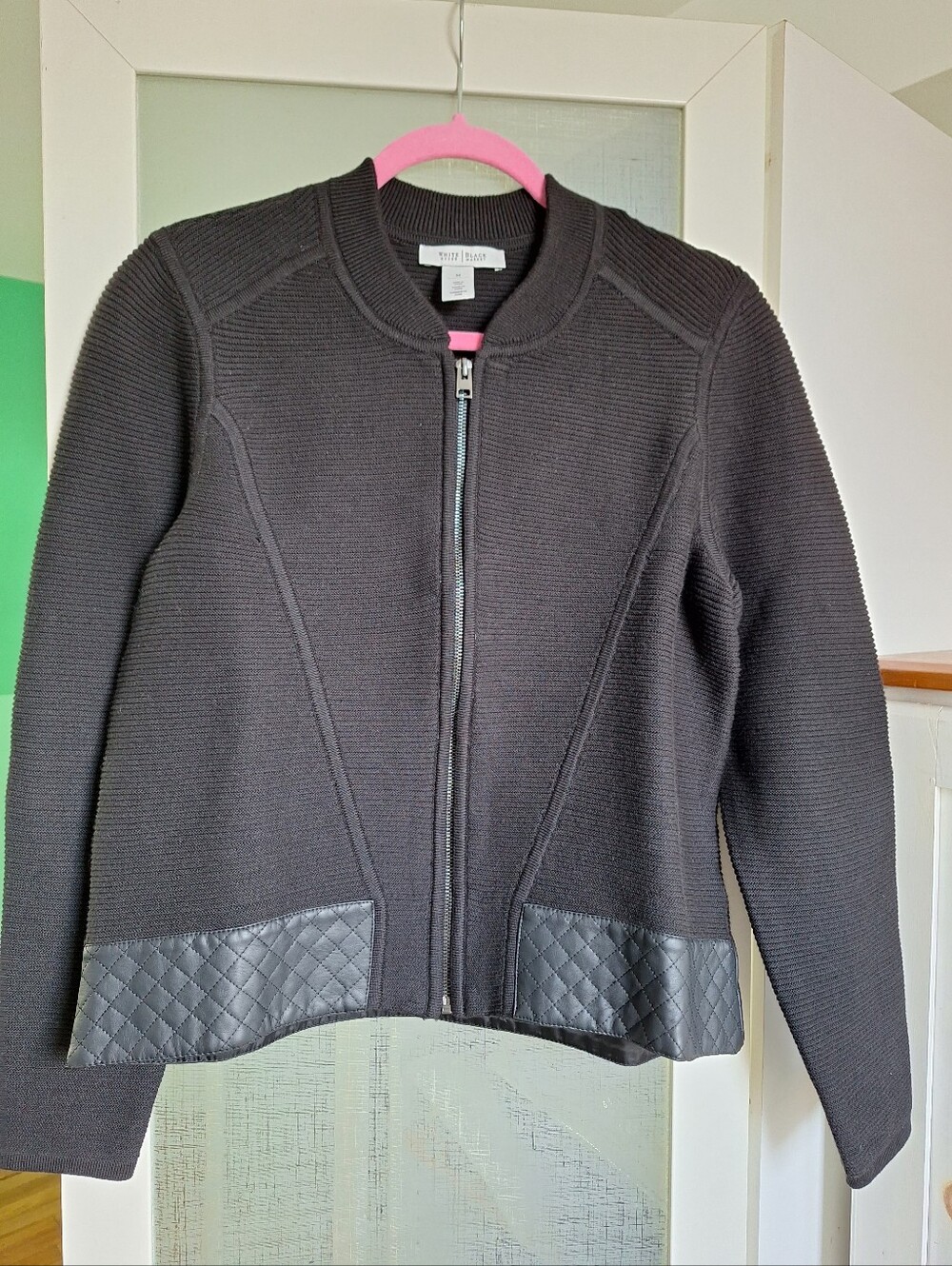 WHBM M Black Sweater Moto Jacket Faux Leather Trim